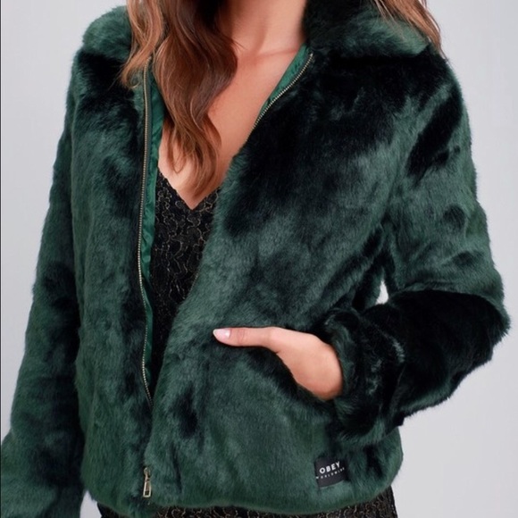 Obey faux fur green jacket size small NWOT - Picture 2 of 5